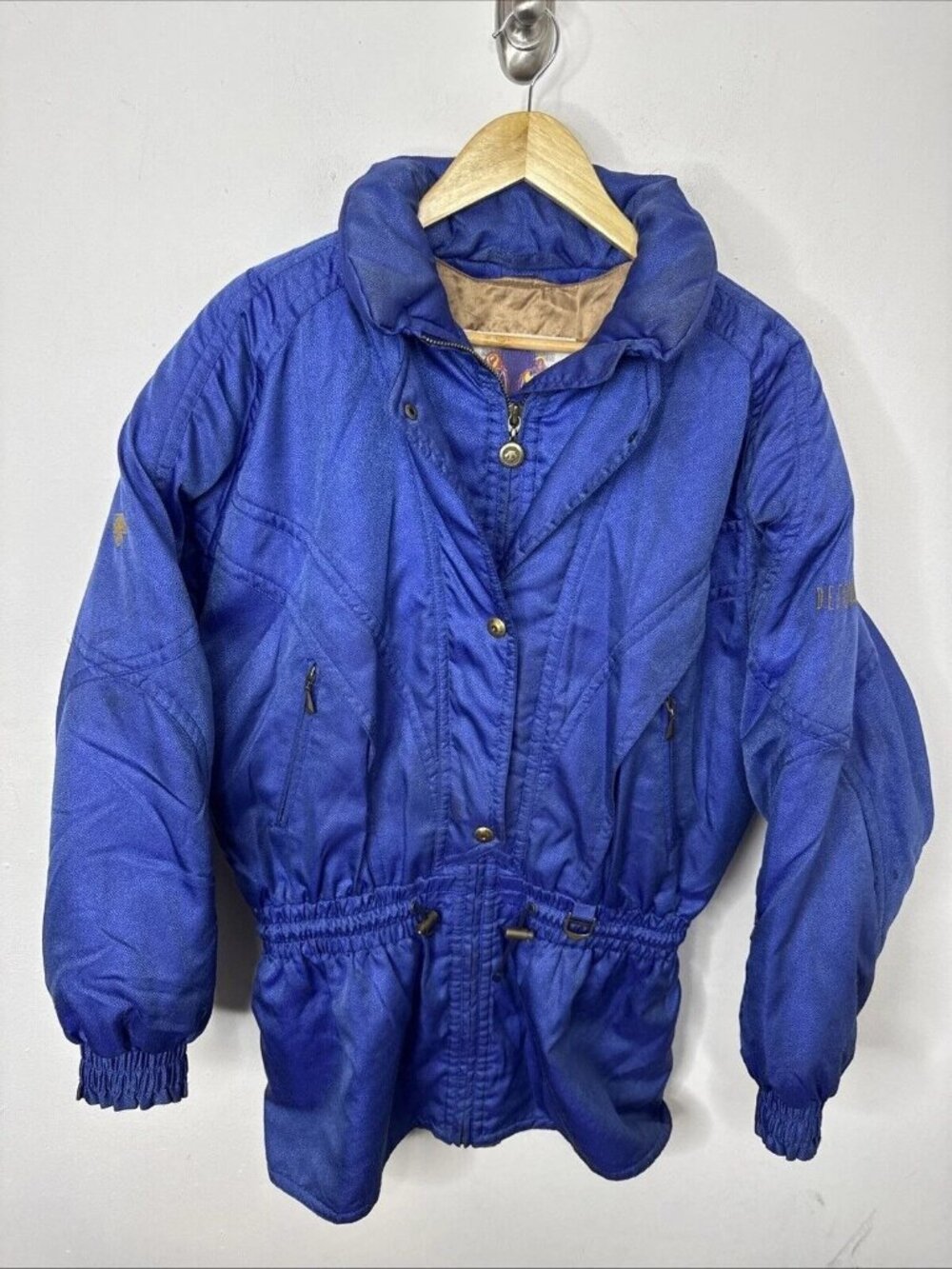 Vintage Retro Women's Descente Navy Blue Gold Ski Jacket Full Zip Sz 12